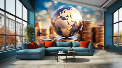 Global Finance Theme, Globe resting on coins ,Represents money and wealth concepts background
 Wall mural