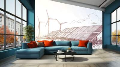 Hand-Drawn Vector Illustration of Solar Panels and Wind Turbines Showcasing Sustainable Alternative Energy Sources Wall mural