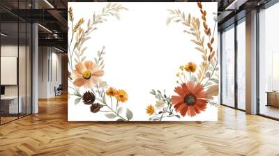 photo Fall floral wreath, autumn flowers, leaves, and wildflowers. Autumn leaves and wildflowers clipart. Invitation floral card design. PNG format.  Wall mural