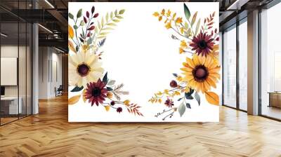 photo Fall floral wreath, autumn flowers, leaves, and wildflowers. Autumn leaves and wildflowers clipart. Invitation floral card design. PNG format.  Wall mural