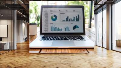 Photo laptop is displayed on a wooden table, showcasing charts and graphs related to analysis, business accounting, and statistics concepts. Wall mural