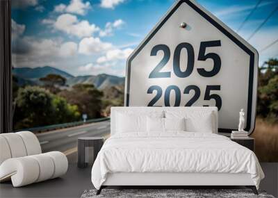 road to 2025, marked by an empty road with a written 2025 and an arrow pointing towards the horizon, symbolizes the future and positivity of the new year. Wall mural