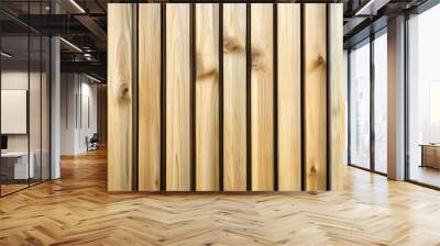 The modern plank surface features wooden panels for walls, vertical slats for facade cladding, and timber stripes made of beige pine for interior and exterior design Wall mural