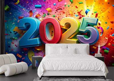 Vibrant 2025 Happy 3D Text Effect with Bold Design and Festive Background for New Year Celebrations Wall mural