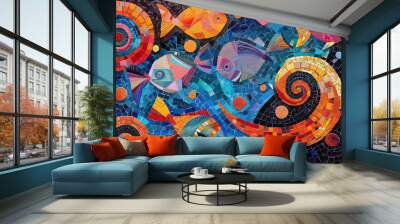 Mosaic artwork of colorful, swirling patterns and colorful sea fish  Wall mural