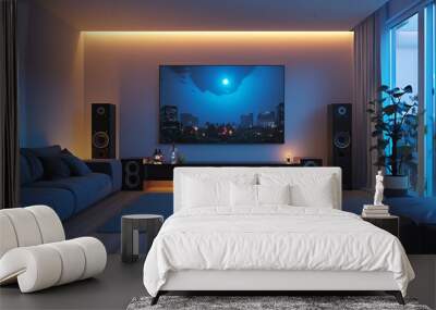 a dark living room with a large tv, sofa, rug, coffee table, and two large speakers. there is a plan Wall mural