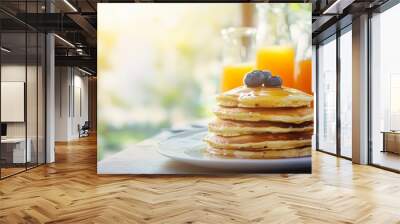 Business breakfast featuring pancakes and juice close up, focus on, copy space Bright tones and soft textures, Double exposure silhouette with teamwork Wall mural