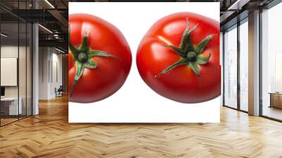 Fresh ripe tomatoes with green stems arranged in a row, isolated on a white background, showcasing their vibrant red color and round shape. Wall mural