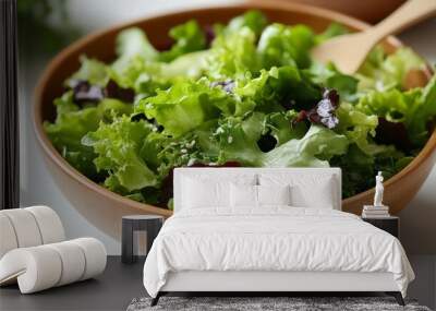 Salad bowl with fresh greens, food item, eyelevel view, realistic detail, isolated on white background Wall mural