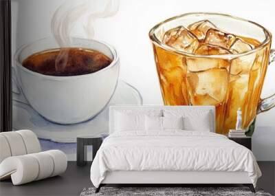 Watercolor illustration of a single steaming coffee cup next to a glass of iced tea, clipart, isolate on white background, copy space Wall mural