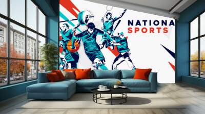 celebration of national sports day with athletes from football, badminton, basketball, weightlifting and base ball. National sports game concept. grunge style athlete silhouette. Healthy exercise Wall mural