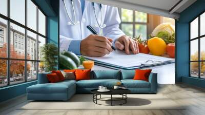 A close up of an adult doctor's hand writing on the paper in front, with various vegetables and fruits Wall mural