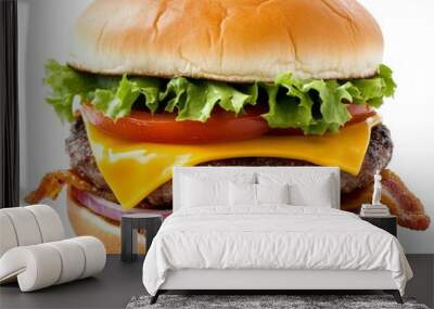 A large hamburger with lettuce, tomato and cheese on a white background. Wall mural