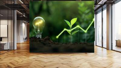 A light bulb and growing plant with a glowing green graph of growth in a dark forest background Wall mural