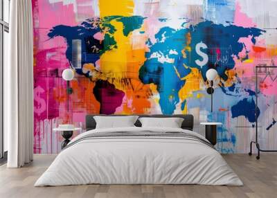 A vibrant and dynamic painting depicting the concept of global business financial growth Wall mural