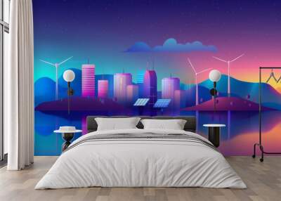 An island with wind turbines and solar panels, surrounded by mountains under the night sky. Wall mural