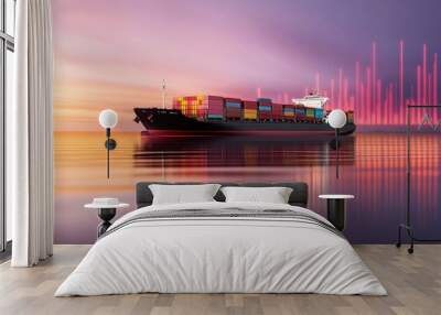 Cargo Ship Floating On Sea With Red Glowing Stock Market And Data Charts Behind Wall mural