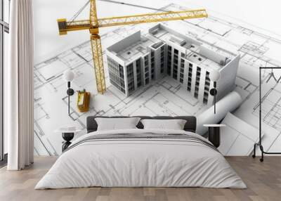 Construction Site with Crane and Blueprints Wall mural