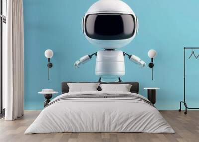 Cute white robot with blue eyes, jumping on light purple background Wall mural