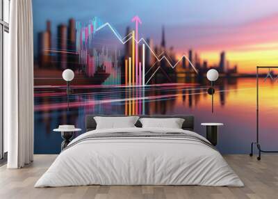 Solar Panels with Data Visualizations and Upward Arrows Against an Industrial City Skyline at Sunrise Wall mural