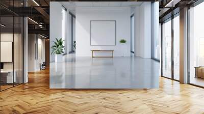 White office interior with panoramic windows, desks and chairs against the backdrop of an urban landscape Wall mural