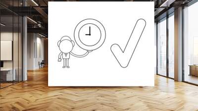 Vector businessman character holding clock with check mark. Black outline. Wall mural