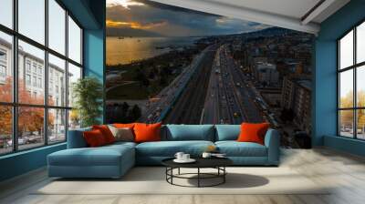 Aerial view dusk time city traffic Wall mural