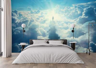 A person standing at the top of an endless staircase, looking down into heaven with clouds and sunshine. The stairs lead to the sky, symbolizing hope for people who have lost loved ones Wall mural