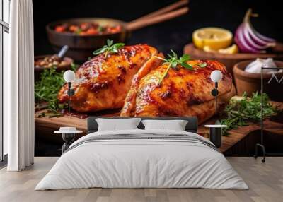 Closeup of tasty roast chicken breast served on wooden board. Grilled chicken. Wall mural