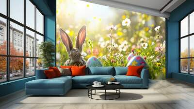 Easter bunny ears with easter eggs on meadow with flowers background banner Wall mural