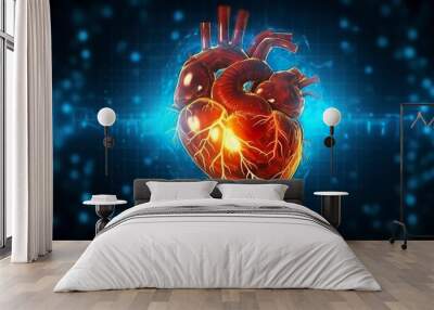 Human heart with cardiogram for medical heart health care background, AI Generative Wall mural