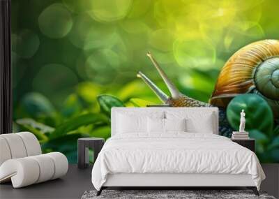 Natural Elegance, A Snail with a Spiral Shell Resting on Lush Green Foliage, Illuminated by Daylight Wall mural