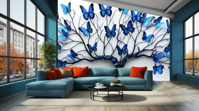 Wall art of a tree with blue butterflies on it against a white background. Wall mural