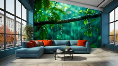 Closeup of tree branch in tropical rainforest during rain Wall mural