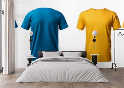 Set of blank blue and yellow t-shirts isolated on transparent background. Mockup t shirt template. Front and back. Wall mural