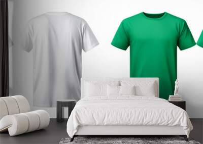 Set of blank white and green t-shirts isolated on transparent background. Mockup t shirt template. Front and back. Wall mural