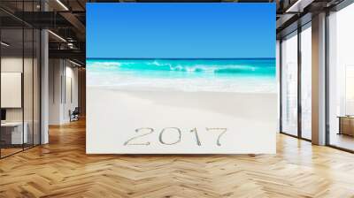 Perect white sand ocean beach and year 2017 season caption Wall mural