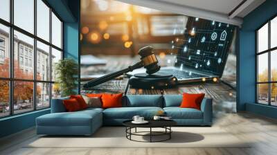 A conceptual image featuring a gavel, laptop, and symbolic icons on a table, representing the integration of AI in legal technologies. Wall mural