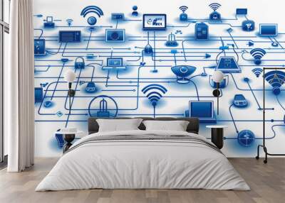 A schematic diagram of a secure network connection, featuring firewalls, intrusion detection systems, and secure gateways. Wall mural