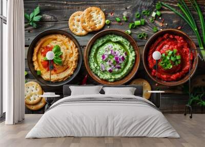 Bowls of assorted dips, including herb dip, roasted red pepper dip, and caramelized onion dip, are arranged with crackers and green onions on a wooden table Wall mural