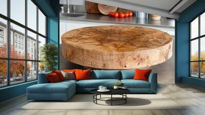 Empty round wood tabletop counter in a clean and bright kitchen background, perfect for product display. Copy space. Wall mural