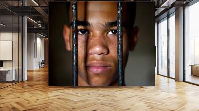 Portrait of a teenage prisoner staring intently into the camera behind the bars of a prison cell. Wall mural