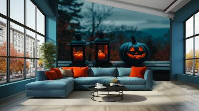 Three glowing lanterns of different sizes sit on a wooden surface, with a dark, eerie forest and a cloudy sunset in the background. The scene evokes a spooky Halloween atmosphere. Wall mural