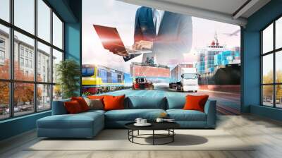 Business and technology digital future of cargo containers logistics transportation import export concept, Engineer using laptop online tracking control delivery distribution on world map background Wall mural