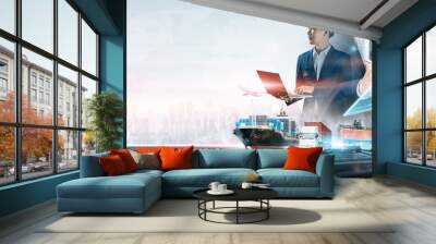 Business and technology digital future of cargo containers logistics transportation import export concept, Engineer using laptop online tracking control delivery distribution on world map background Wall mural