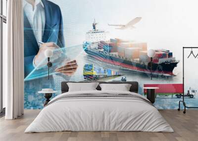 Business and technology digital future of cargo containers logistics transportation import export concept, Engineer using tablet online tracking control delivery distribution on world map background Wall mural