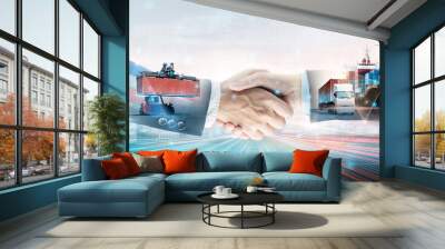 Business and Technology Digital Future of Partnership Transport Concept, Double Exposure Polygon Wireframe Handshake and Container Cargo Freight Ship, Truck, Modern Futuristic Import Export Background Wall mural