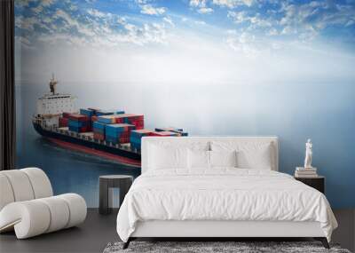 Container cargo ship in the ocean at sunset sky, Global business logistics import export background, Freight transportation, Shipping Wall mural