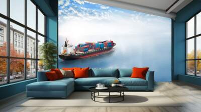 Container cargo ship in the ocean at sunset sky, Global business logistics import export background, Freight transportation, Shipping Wall mural