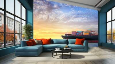 Container cargo ship in the ocean at sunset sky, Global business logistics import export background, Freight transportation, Shipping Wall mural